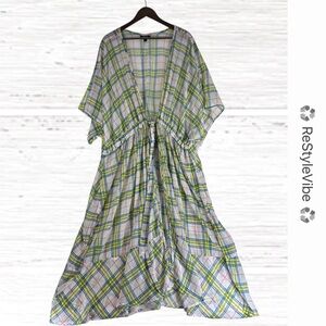 TORRID Women’s Size 4 4X 26-28 Kimono Topper Sheer Plaid Tie Front Longline Midi